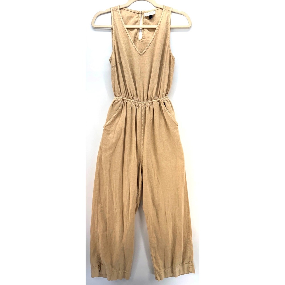 Linen Rayon Jumpsuit Sz M Tan Boho Lagenlook Wide Leg Cutout Euro Summer